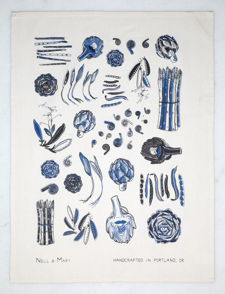 Spring Vegetable Tea Towel - Indigo